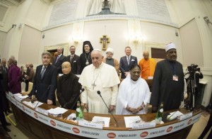 Pope Francis poses with religious leaders during a meeting at the Pontifical Academy of Sciences at the Vatican