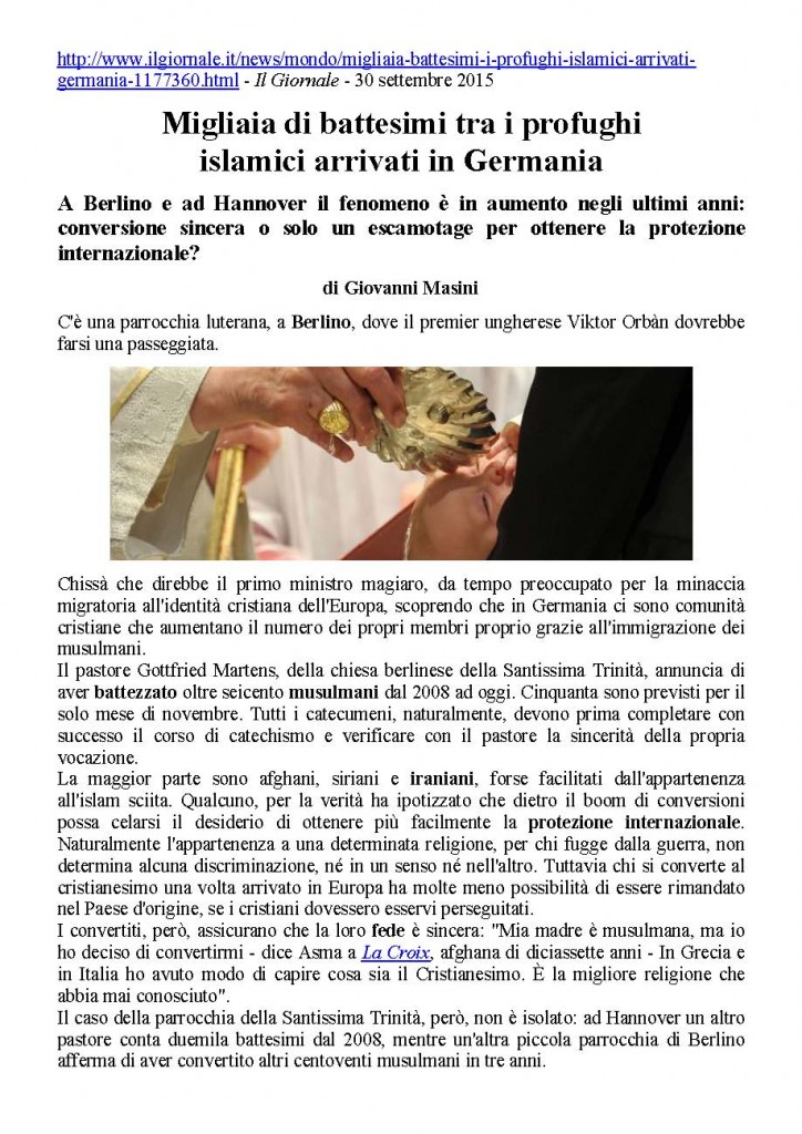 Migliaia di battesimi fra i profughi islamici arrivati in Germania